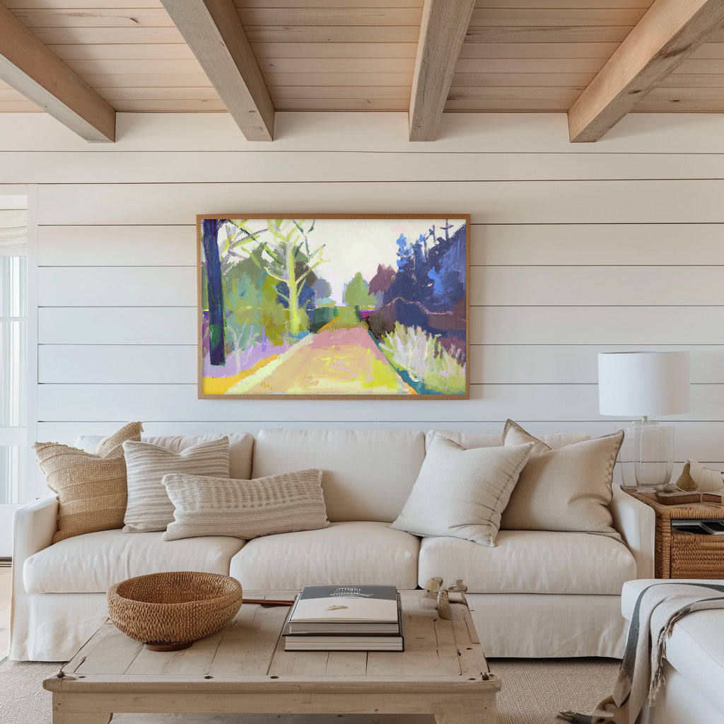 Modern Farmhouse Print Pink Flowering Tree Scene Spring Wall Decor Living Room Accent Large Statement Art Beautiful Landscape Design Kitchen Wall Display Museum Quality Artwork Perfect Home Gift Contemporary Country Style Elegant Decor