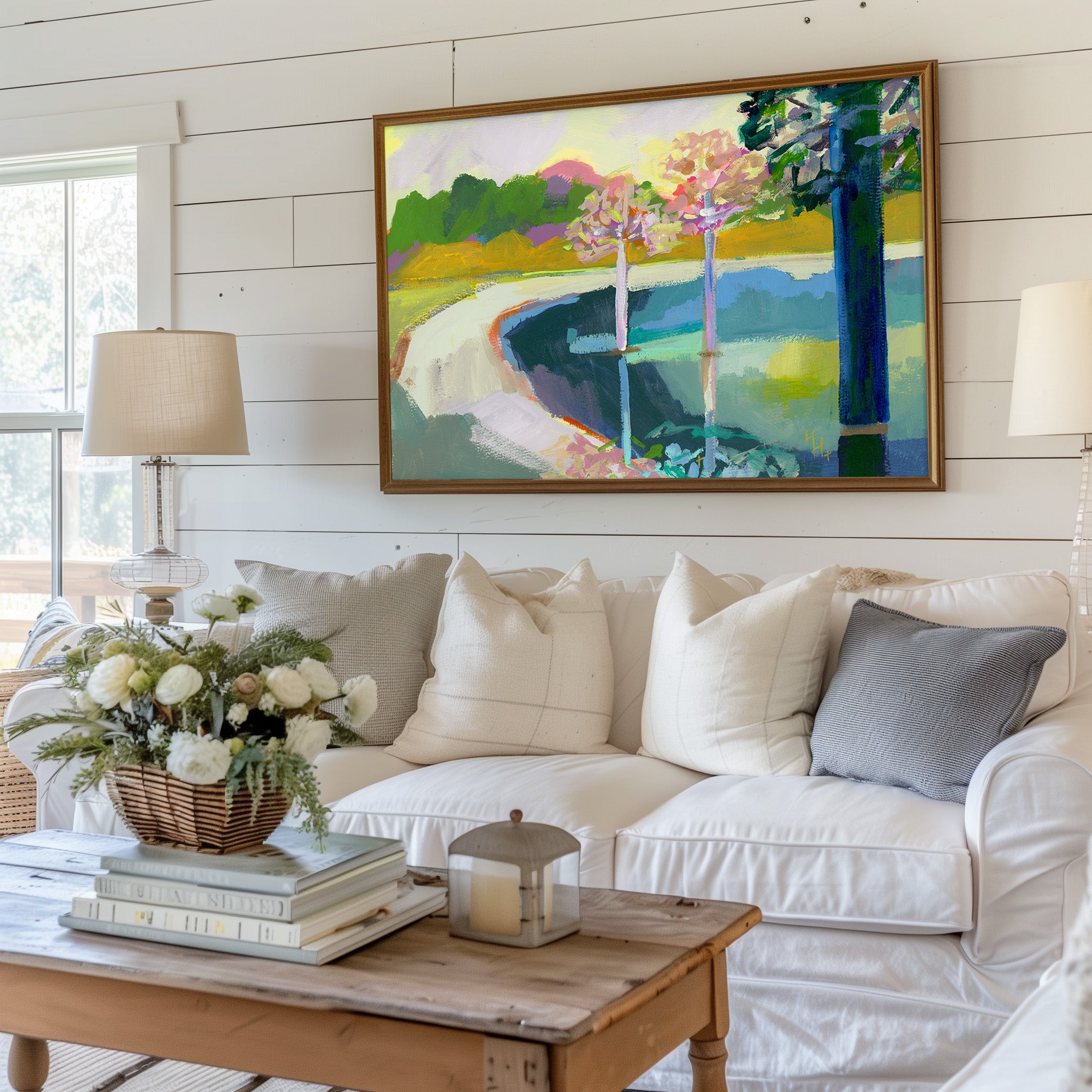 Spring Landscape Print Pink Tree Blossom Art Farmhouse Wall Decor Modern Home Accent Living Room Display Large Statement Piece Museum Quality Artwork Perfect Kitchen Wall Art Beautiful Nature Scene Country Style Elegant Design