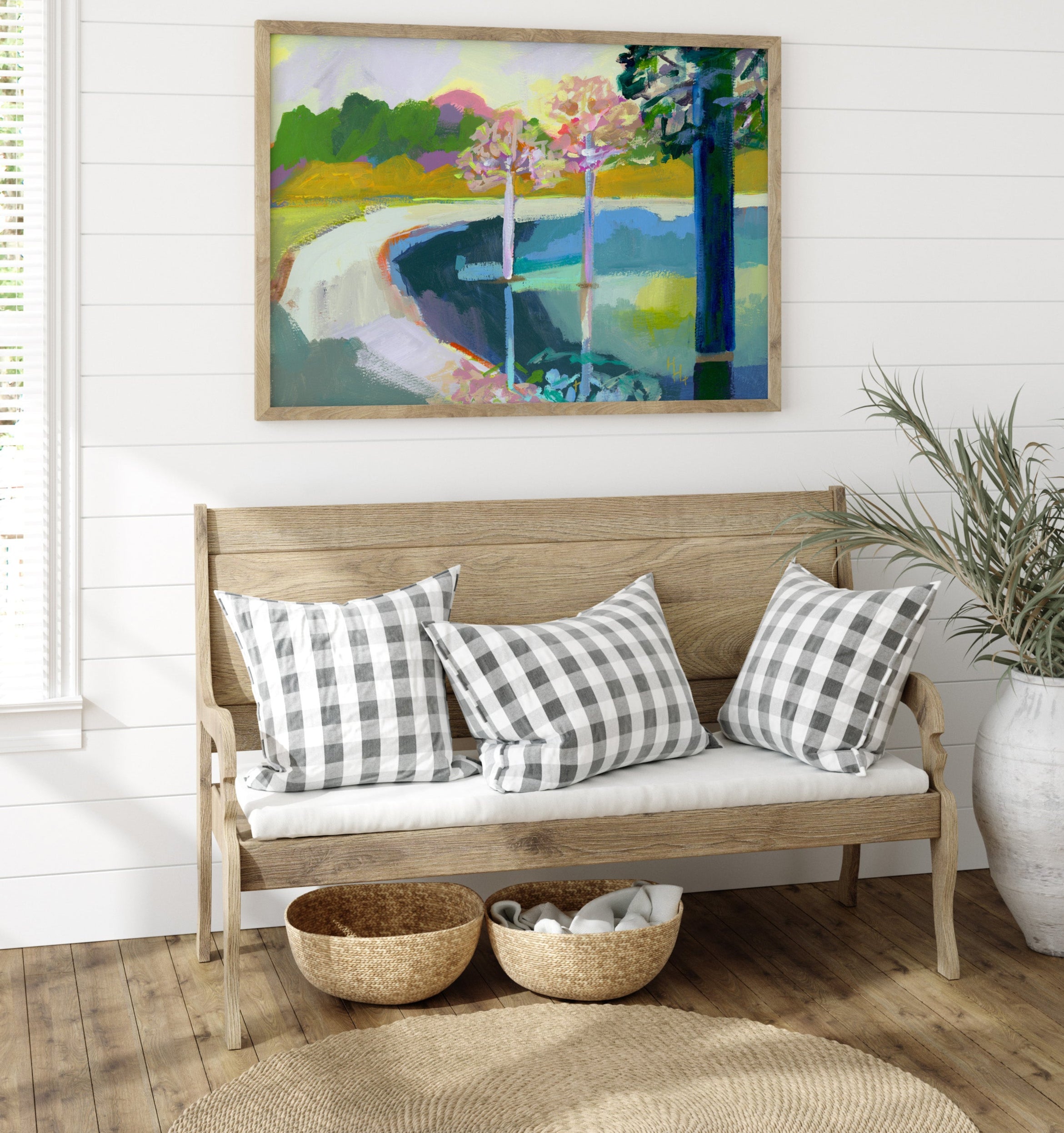 Farmhouse Wall Art Print Pink Flower Tree Landscape Modern Living Room Decor Spring Home Accent Large Statement Piece Museum Quality Artwork Beautiful Nature Scene Country Style Decorative Print Elegant Home Design Perfect Kitchen Display