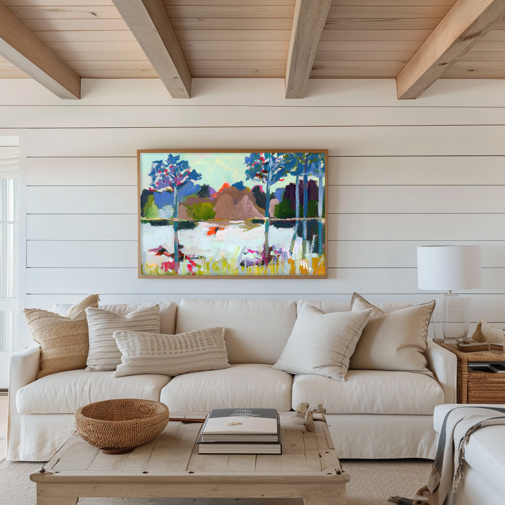 Modern Farmhouse Print Pink Flowering Tree Scene Spring Wall Decor Living Room Accent Large Statement Art Beautiful Landscape Design Kitchen Wall Display Museum Quality Artwork Perfect Home Gift Contemporary Country Style Elegant Decor