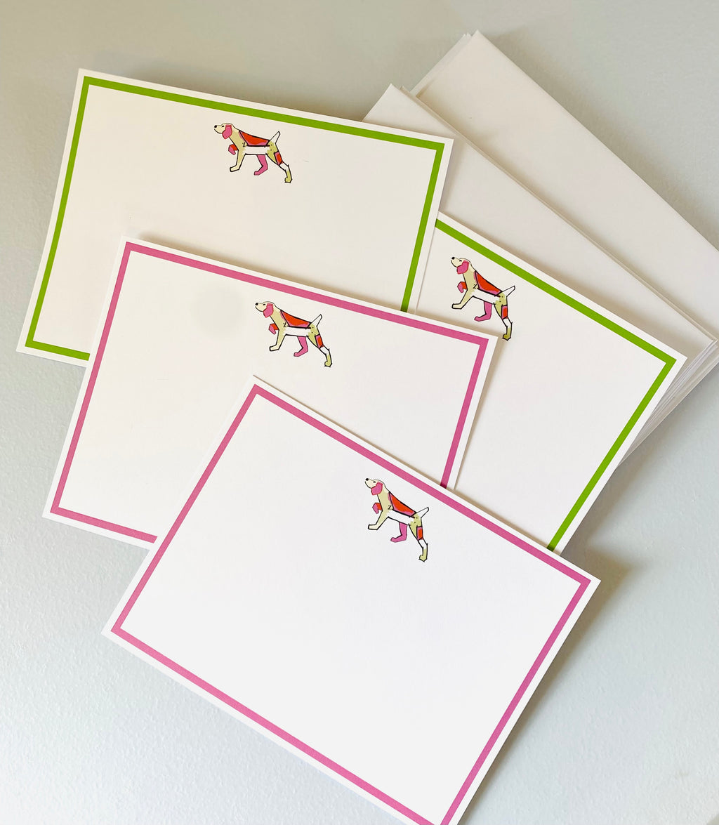 Notecards pink and red bird dog