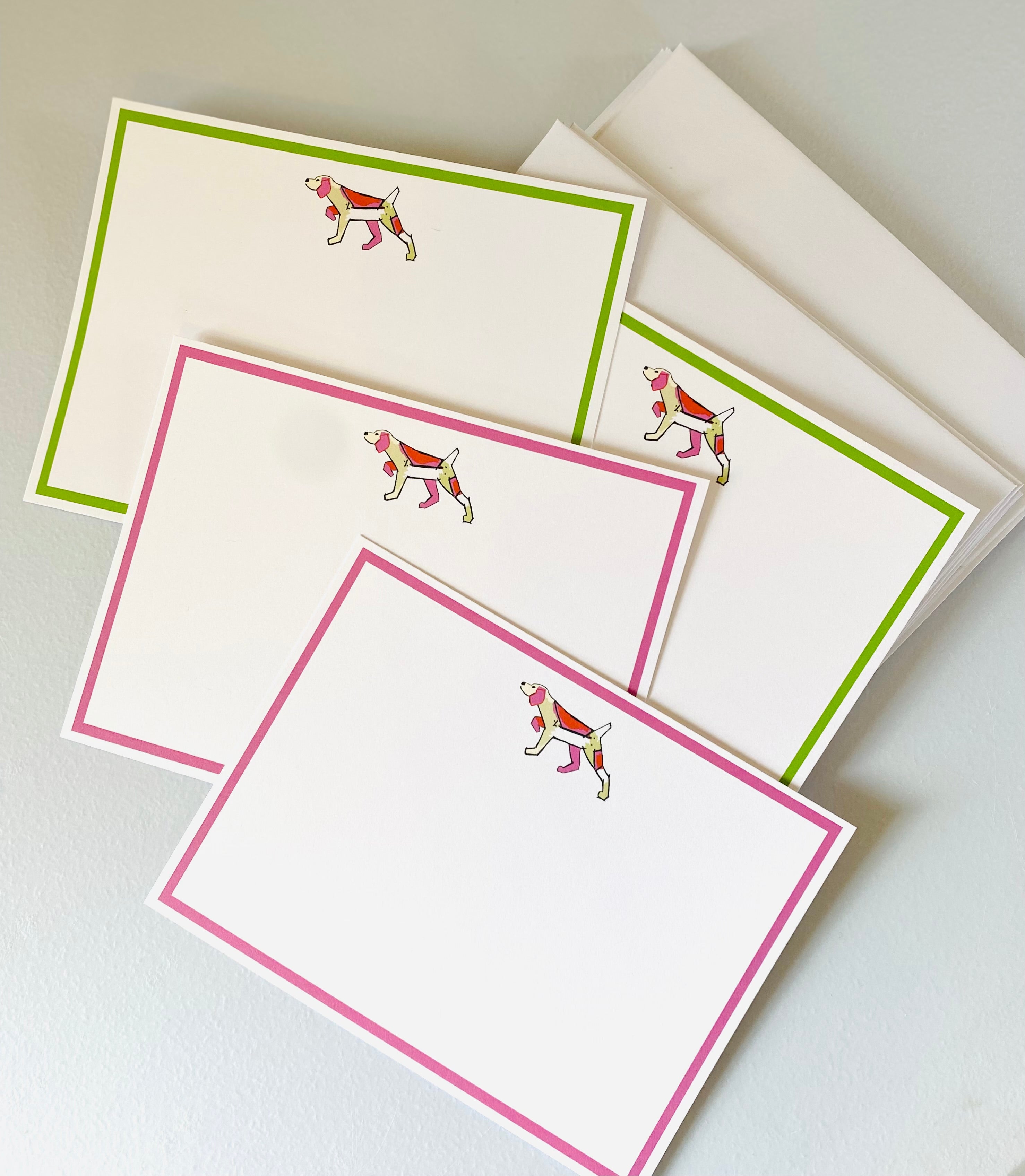 Notecards pink and red bird dog