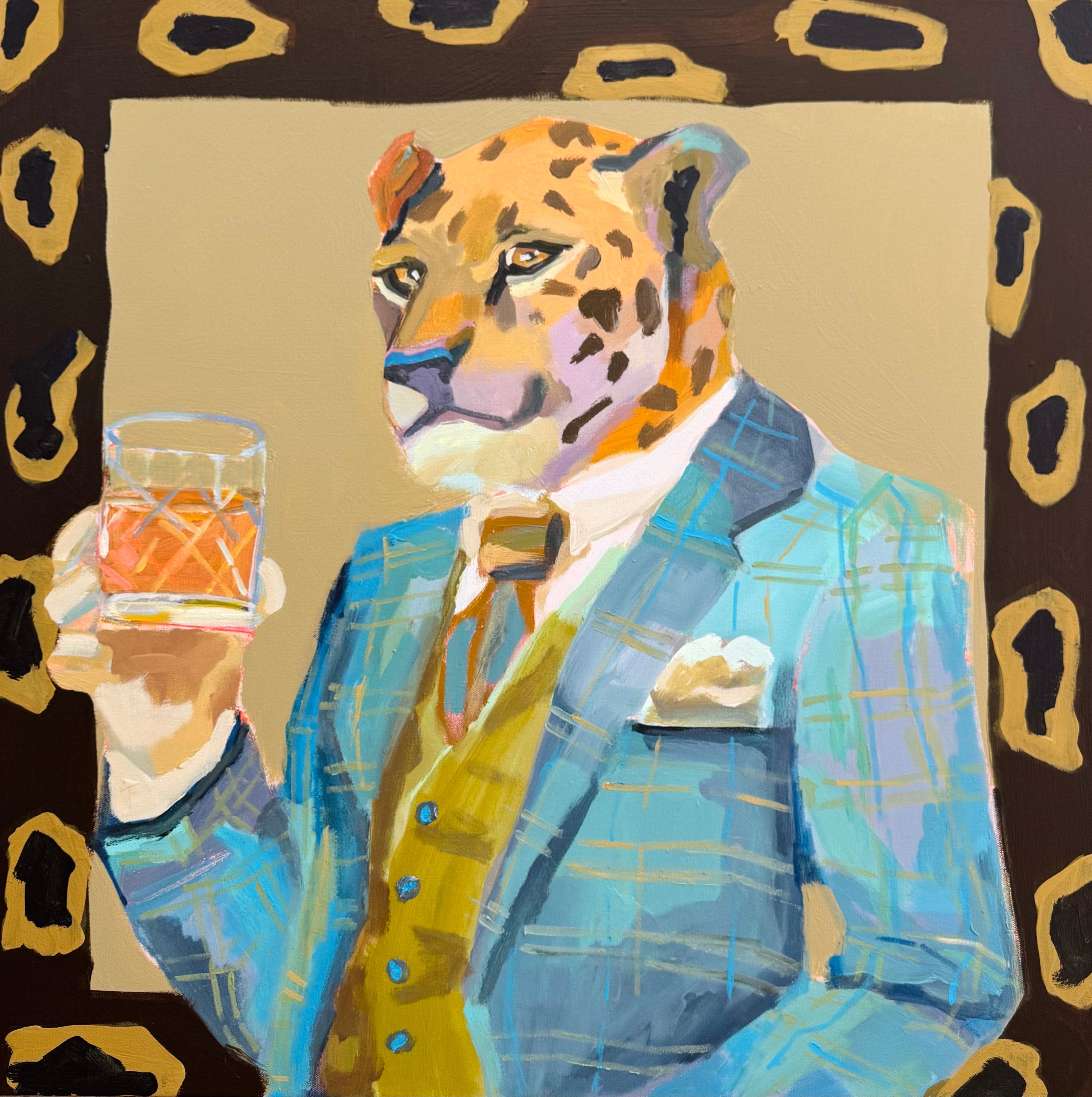Leopard in a suit holding a drink against a patterned background