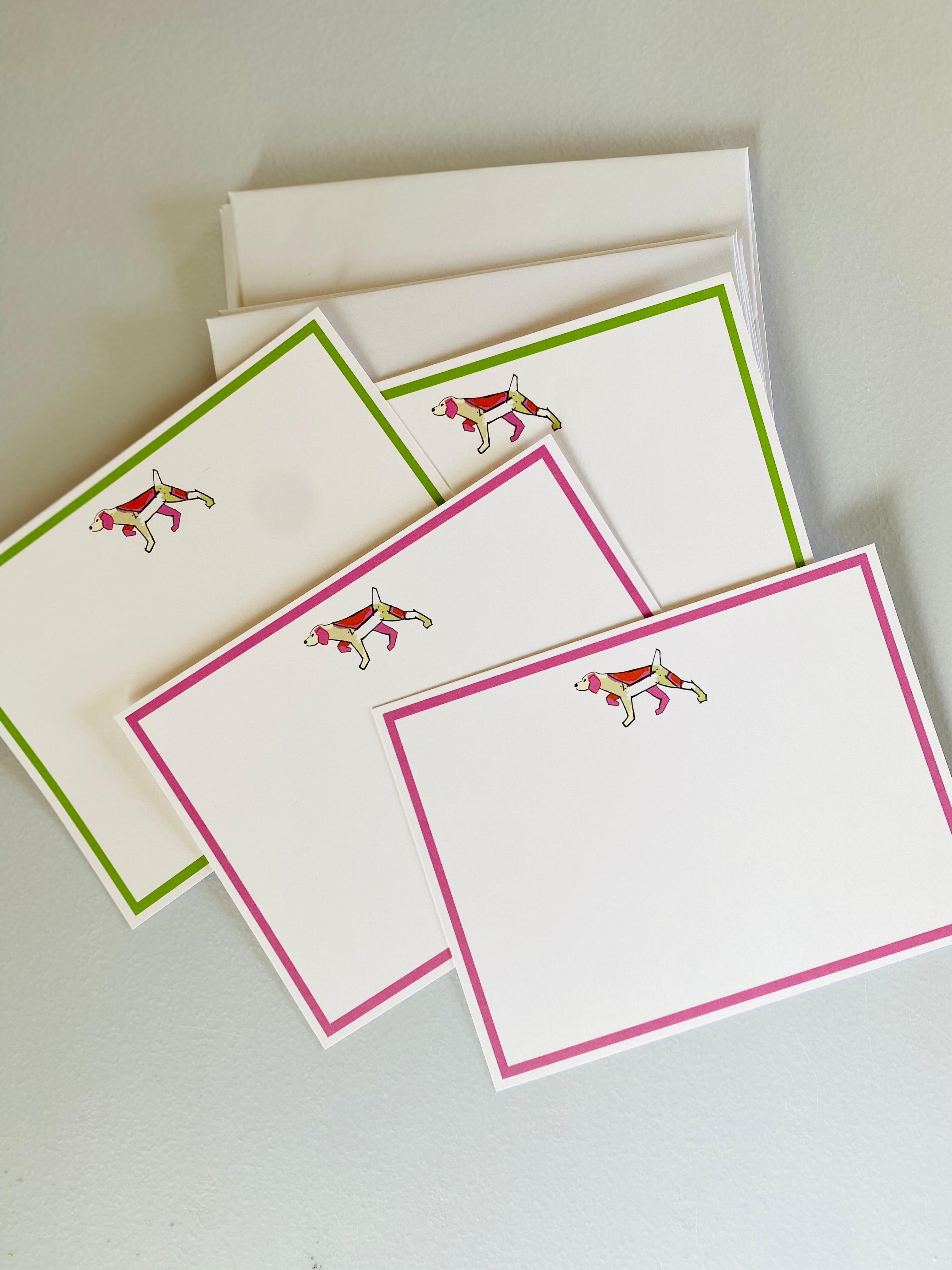 Notecards pink and red bird dog