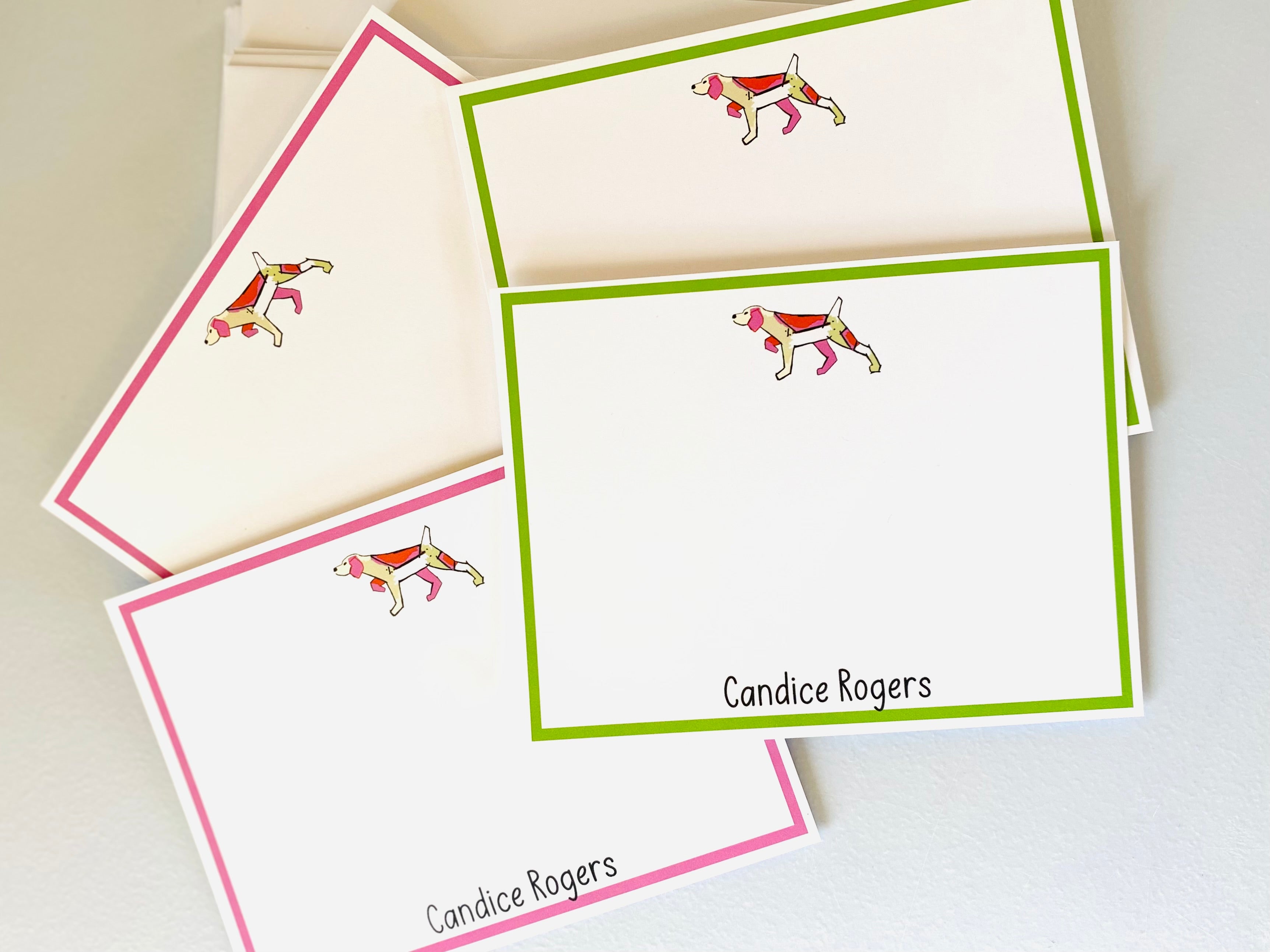 Notecards pink and red bird dog