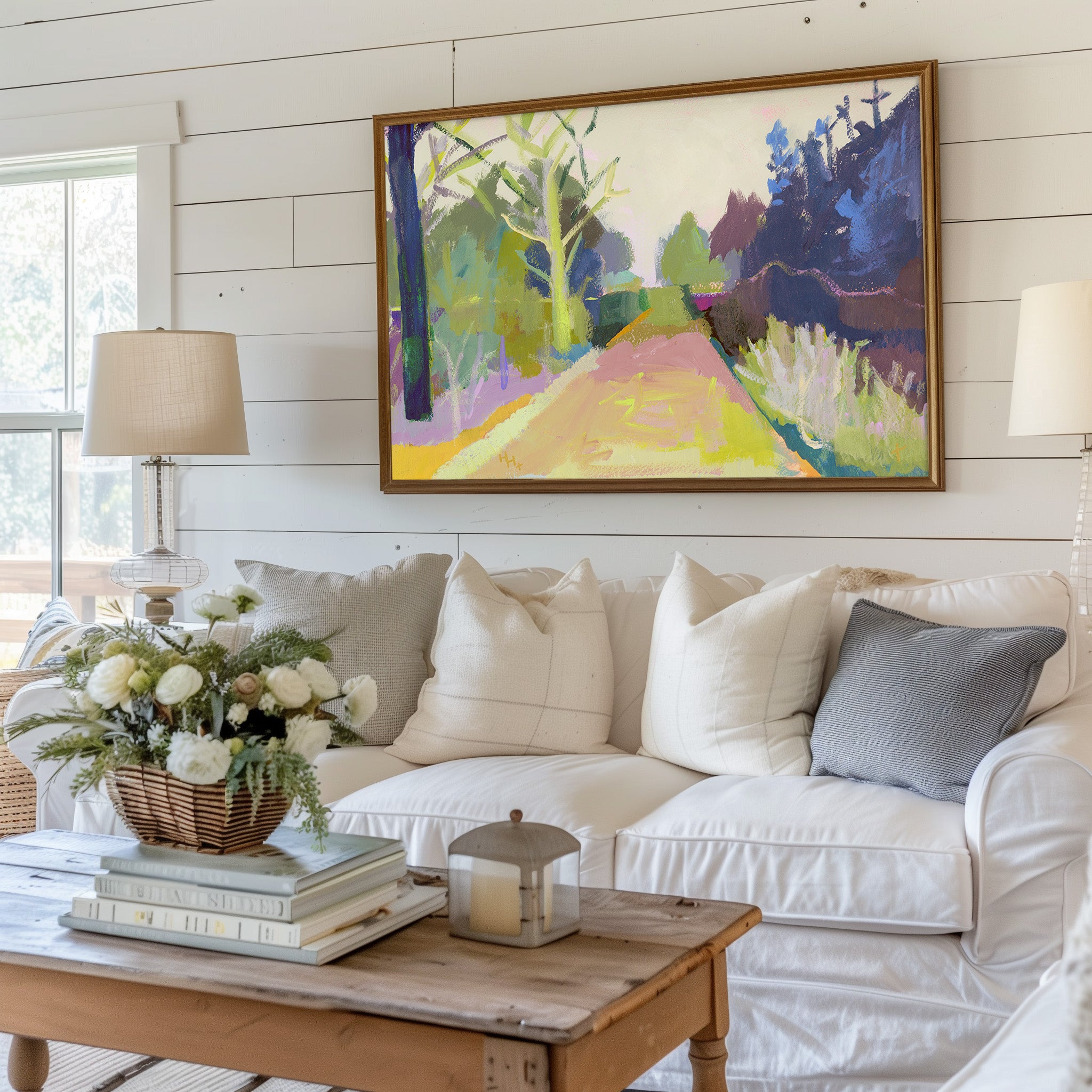 Farmhouse Wall Art Print Pink Flower Tree Landscape Modern Living Room Decor Spring Home Accent Large Statement Piece Museum Quality Artwork Beautiful Nature Scene Country Style Decorative Print Elegant Home Design Perfect Kitchen Display