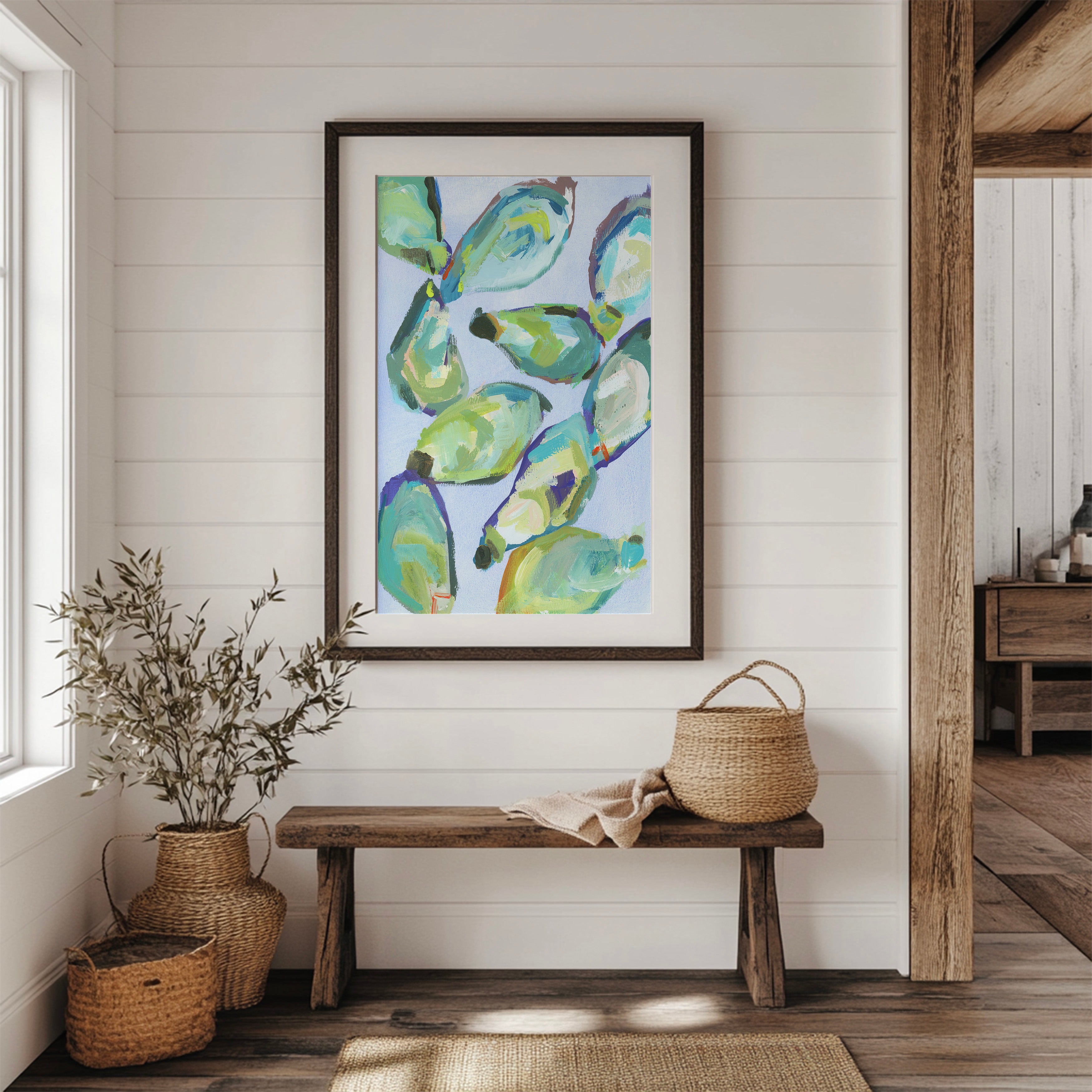 Coastal Farmhouse Wall Art Beach House Decor Ocean Theme Print Seaside Style Home Accent Abstract Shell Design Modern Nautical Artwork Kitchen Dining Room Display Blue Green Teal Colors Premium Quality Construction Beautiful Home Collection