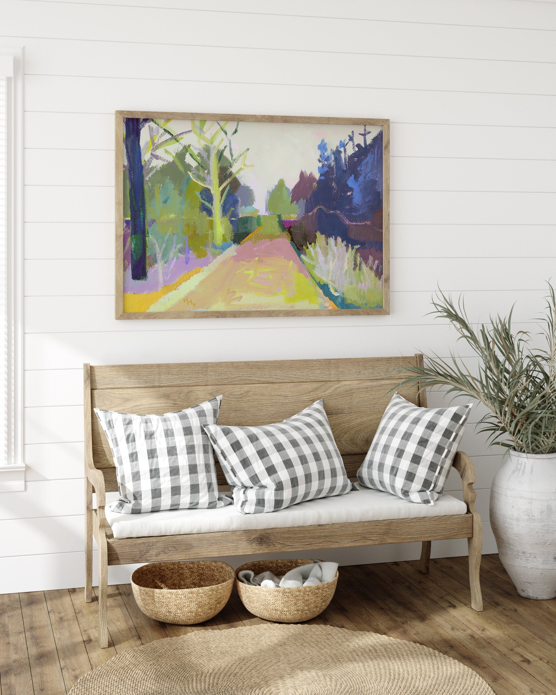 Spring Landscape Print Pink Tree Blossom Art Farmhouse Wall Decor Modern Home Accent Living Room Display Large Statement Piece Museum Quality Artwork Perfect Kitchen Wall Art Beautiful Nature Scene Country Style Elegant Design