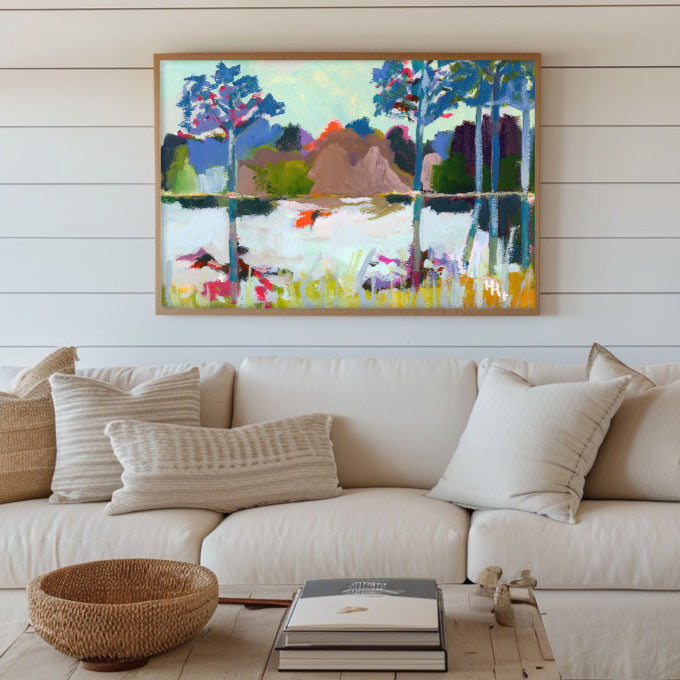 Farmhouse Wall Art Print Pink Flower Tree Landscape Modern Living Room Decor Spring Home Accent Large Statement Piece Museum Quality Artwork Beautiful Nature Scene Country Style Decorative Print Elegant Home Design Perfect Kitchen Display