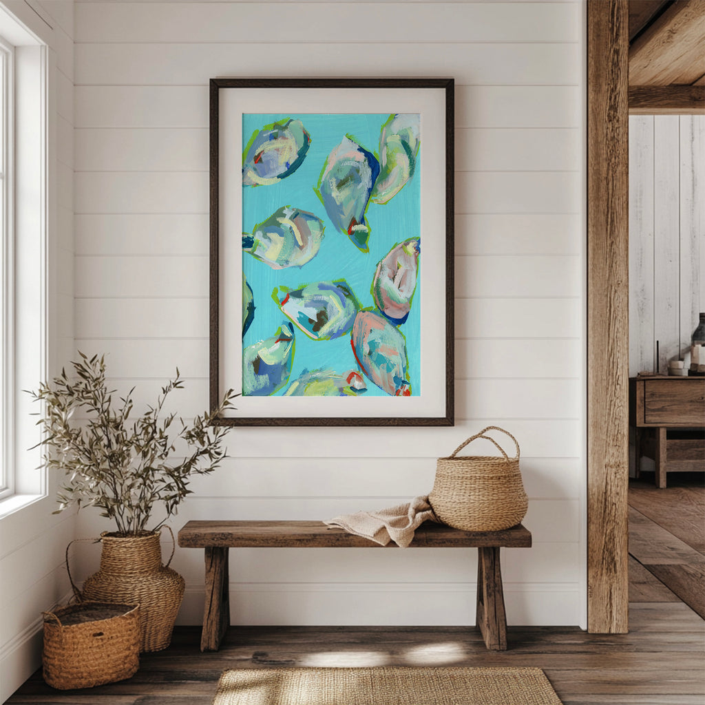 Coastal Farmhouse Wall Art Beach House Decor Ocean Theme Print Seaside Style Home Accent Abstract Shell Design Modern Nautical Artwork Kitchen Dining Room Display Blue Green Teal Colors Premium Quality Construction Beautiful Home Collection