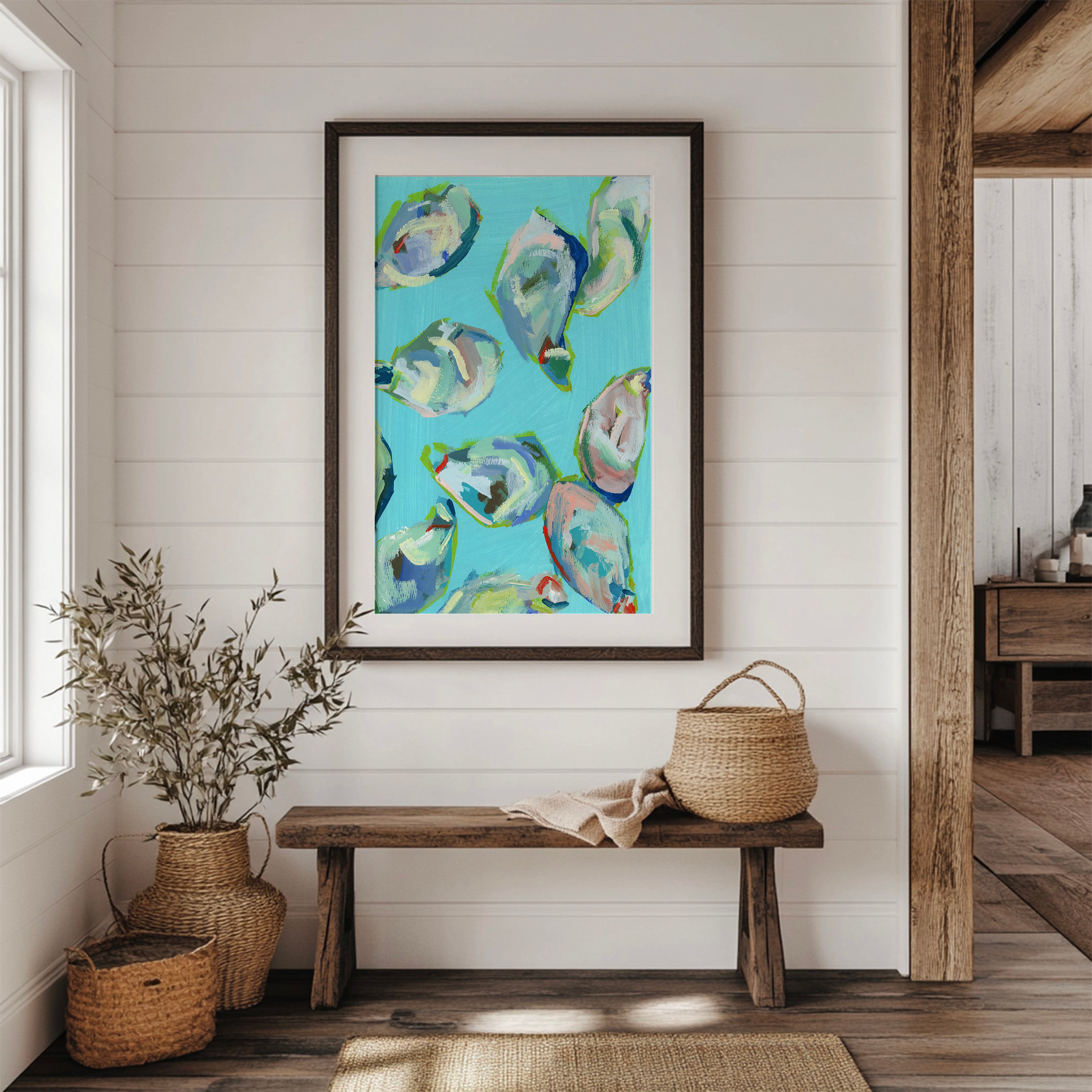 Coastal Farmhouse Wall Art Beach House Decor Ocean Theme Print Seaside Style Home Accent Abstract Shell Design Modern Nautical Artwork Kitchen Dining Room Display Blue Green Teal Colors Premium Quality Construction Beautiful Home Collection